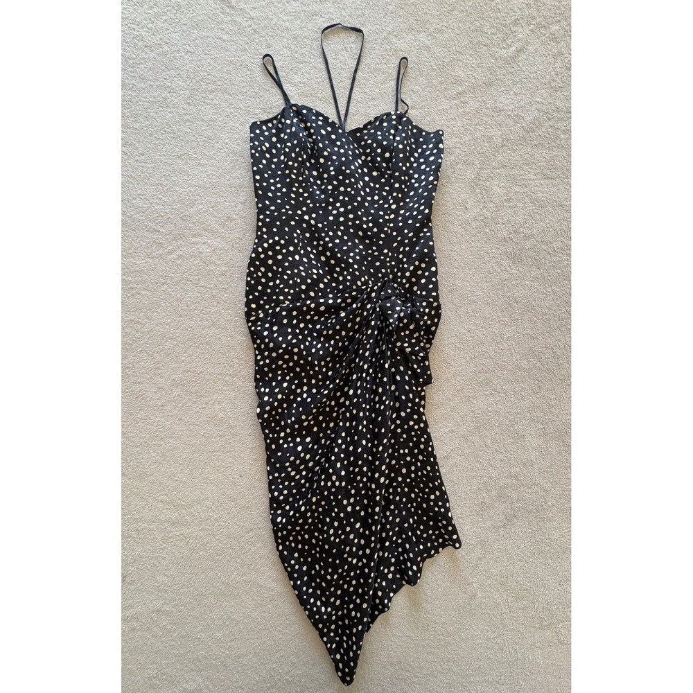 Silk Casuecae Black White Polka Dot Boning Ruched Midi Dress Size 8